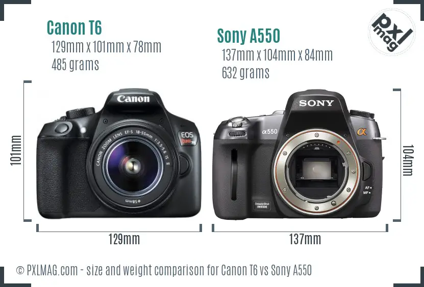 Canon T6 vs Sony A550 size comparison