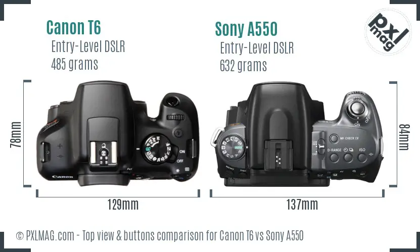 Canon T6 vs Sony A550 top view buttons comparison
