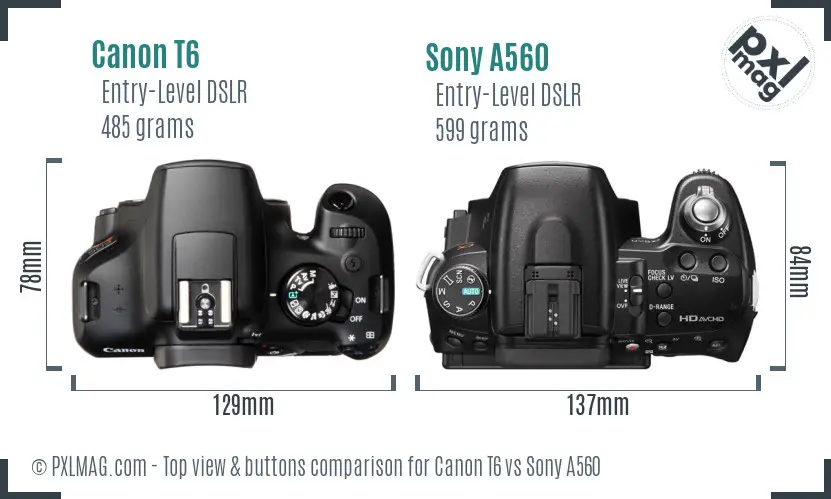 Canon T6 vs Sony A560 top view buttons comparison