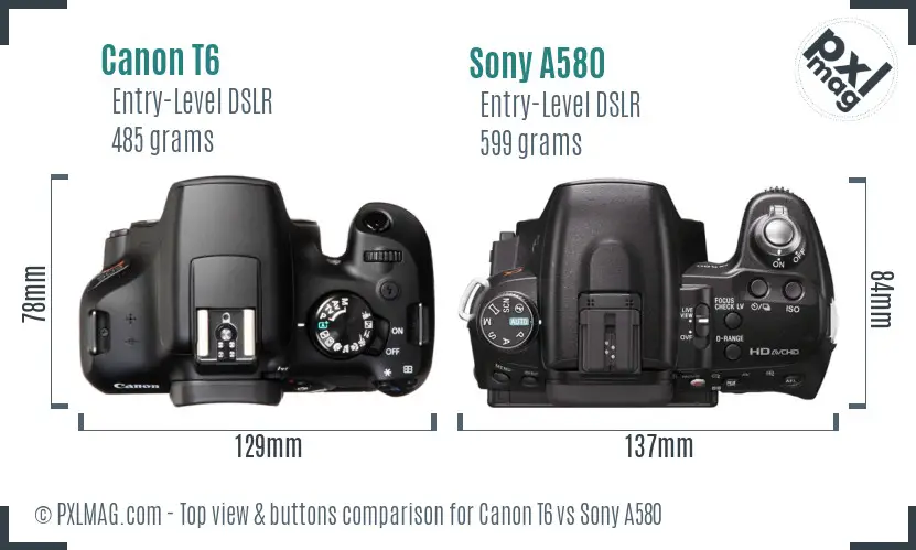Canon T6 vs Sony A580 top view buttons comparison
