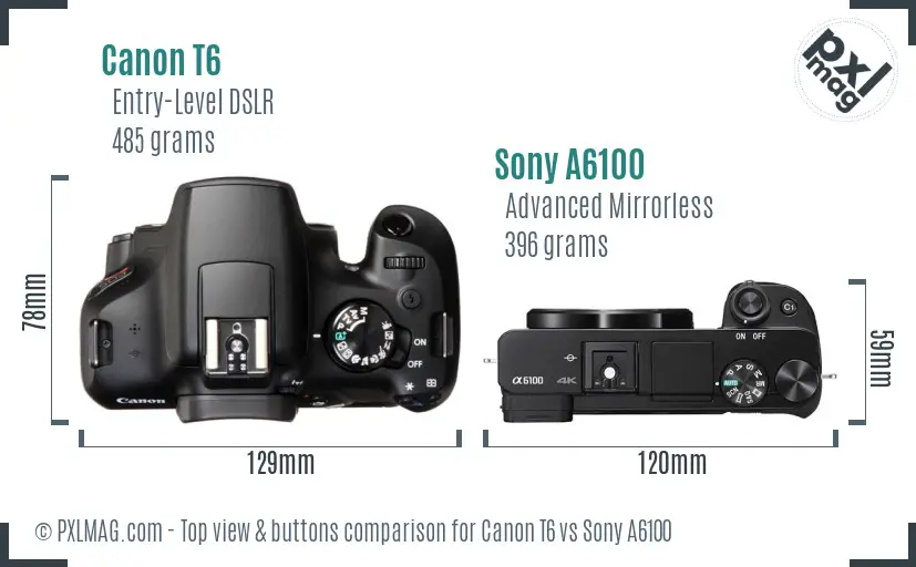 Canon T6 vs Sony A6100 top view buttons comparison