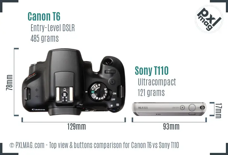 Canon T6 vs Sony T110 top view buttons comparison