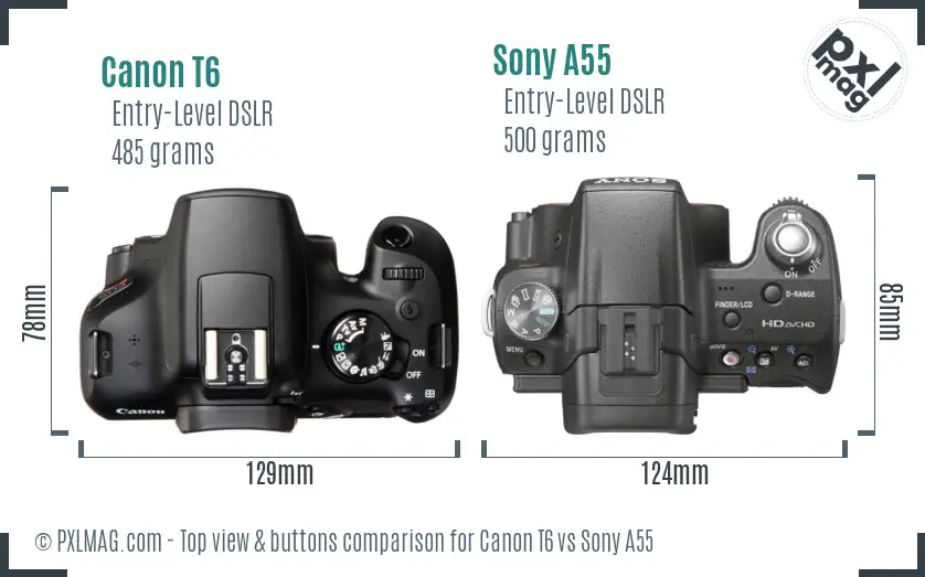 Canon T6 vs Sony A55 top view buttons comparison