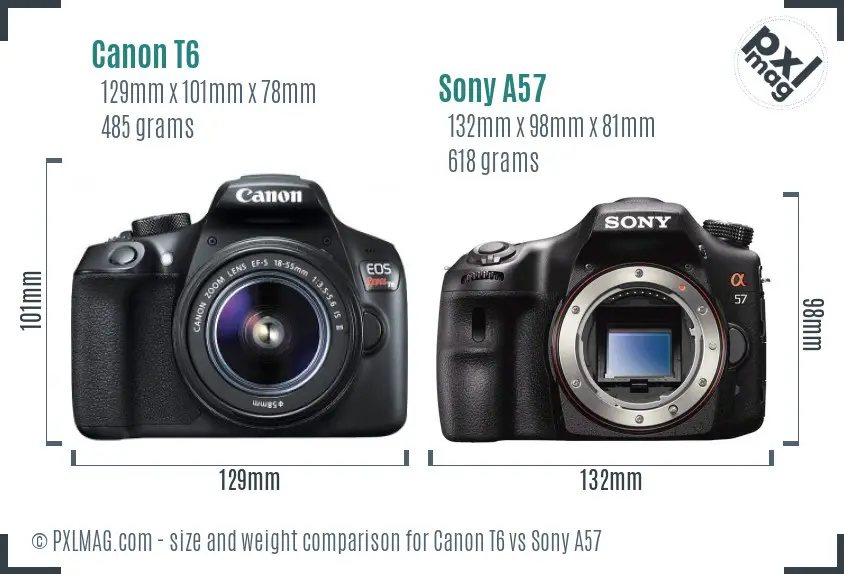 Canon T6 vs Sony A57 size comparison