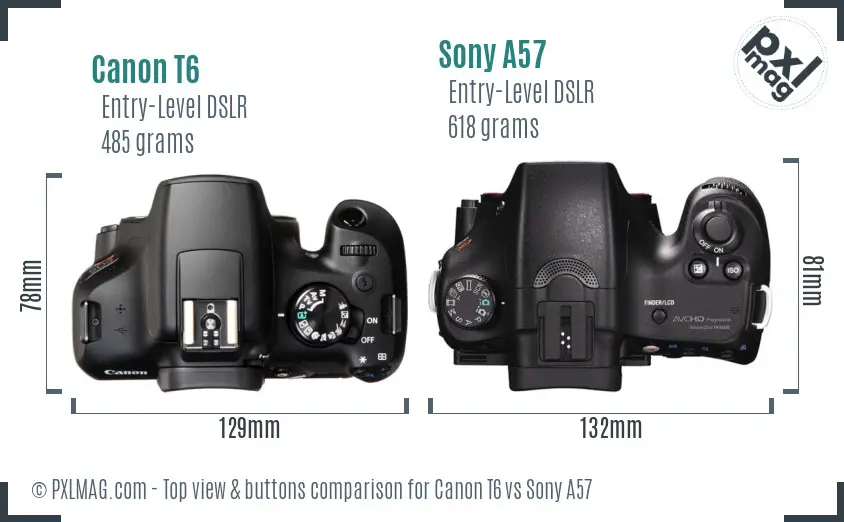 Canon T6 vs Sony A57 top view buttons comparison