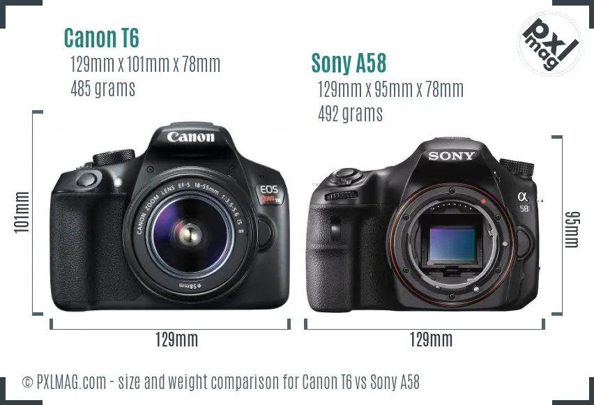Canon T6 vs Sony A58 size comparison