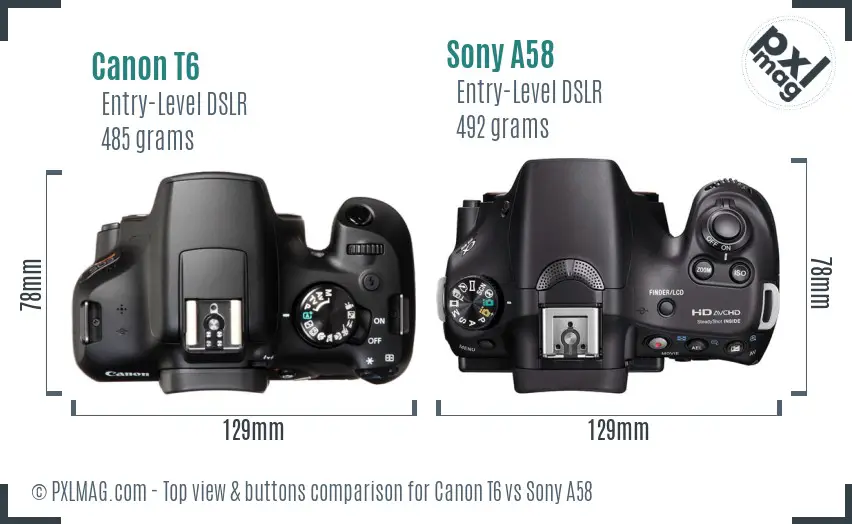 Canon T6 vs Sony A58 top view buttons comparison