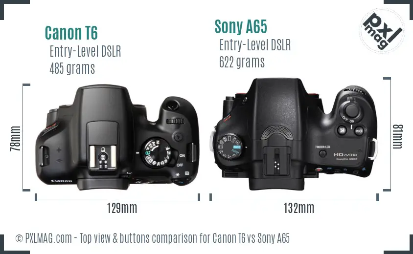 Canon T6 vs Sony A65 top view buttons comparison