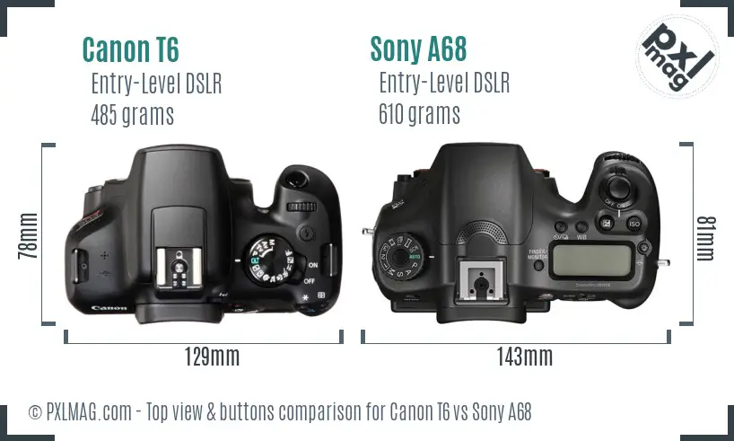 Canon T6 vs Sony A68 top view buttons comparison