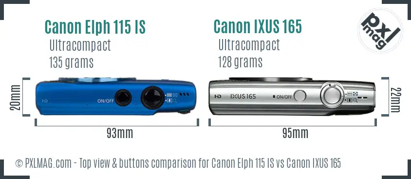 Canon Elph 115 IS vs Canon IXUS 165 top view buttons comparison