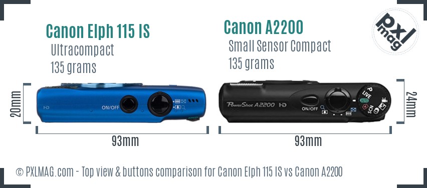 Canon Elph 115 IS vs Canon A2200 top view buttons comparison