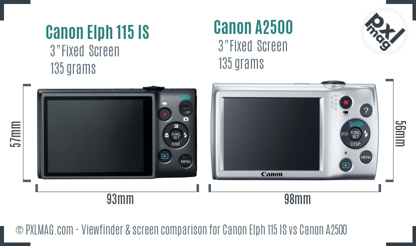 Canon Elph 115 IS vs Canon A2500 Screen and Viewfinder comparison