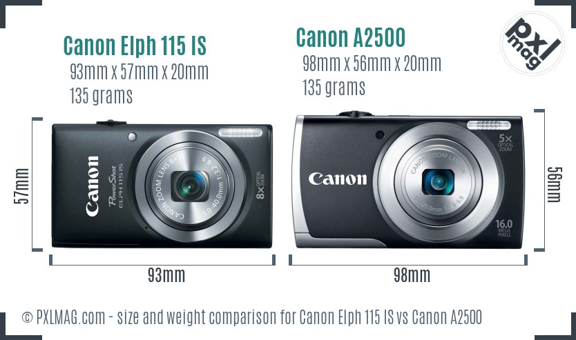 Canon Elph 115 IS vs Canon A2500 size comparison