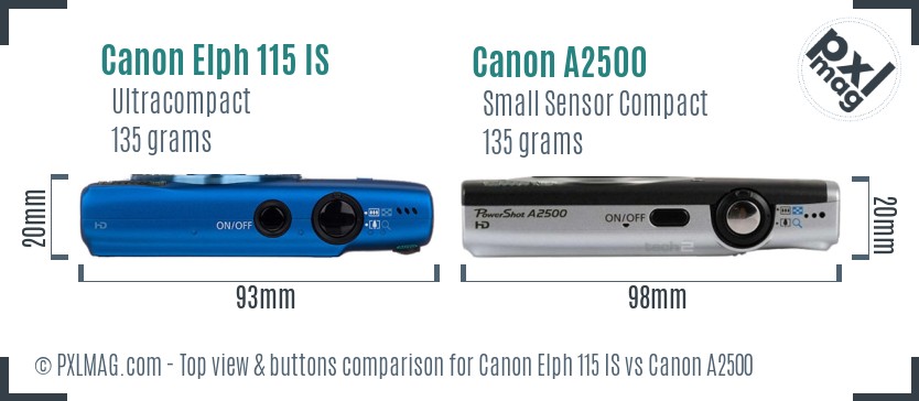Canon Elph 115 IS vs Canon A2500 top view buttons comparison