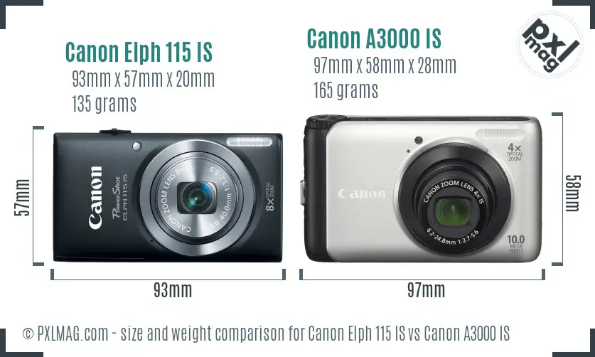 Canon Elph 115 IS vs Canon A3000 IS size comparison Canon Elph 115 IS vs Canon A3000 IS size comparison
