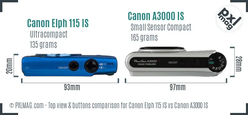 Canon Elph 115 IS vs Canon A3000 IS top view buttons comparison Canon Elph 115 IS vs Canon A3000 IS top view buttons comparison