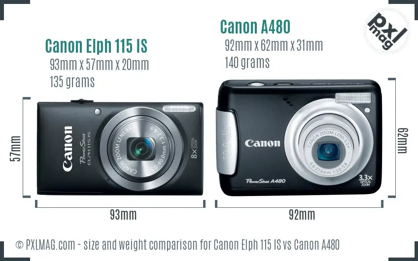 Canon Elph 115 IS vs Canon A480 size comparison