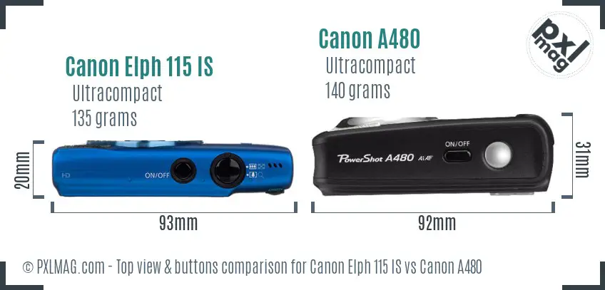 Canon Elph 115 IS vs Canon A480 top view buttons comparison