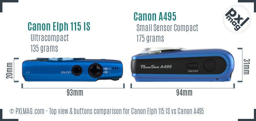 Canon Elph 115 IS vs Canon A495 top view buttons comparison