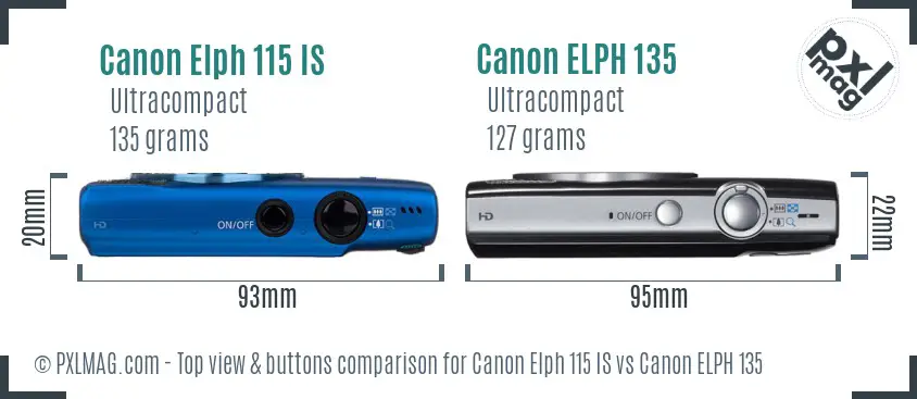 Canon Elph 115 IS vs Canon ELPH 135 top view buttons comparison