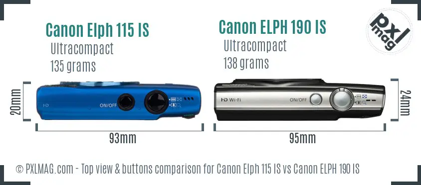 Canon Elph 115 IS vs Canon ELPH 190 IS top view buttons comparison