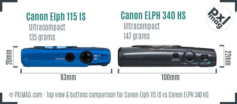 Canon Elph 115 IS vs Canon ELPH 340 HS top view buttons comparison