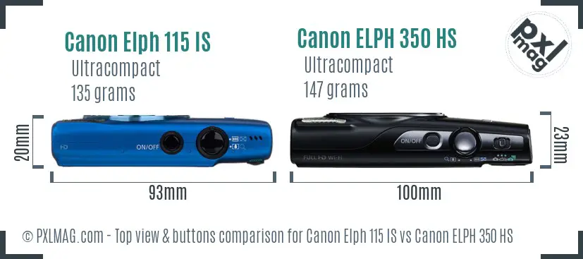 Canon Elph 115 IS vs Canon ELPH 350 HS top view buttons comparison