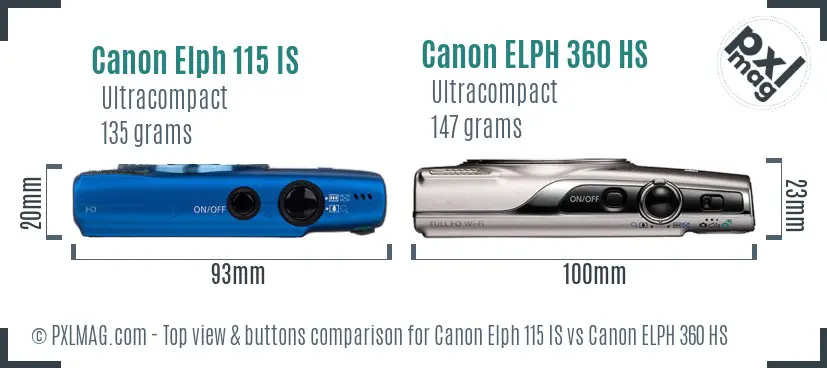 Canon Elph 115 IS vs Canon ELPH 360 HS top view buttons comparison