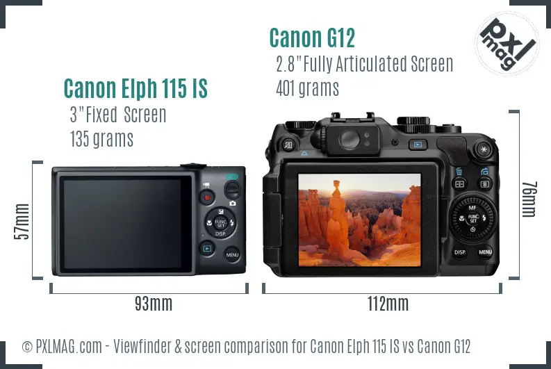 Canon Elph 115 IS vs Canon G12 Screen and Viewfinder comparison