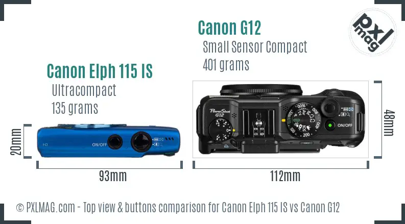 Canon Elph 115 IS vs Canon G12 top view buttons comparison