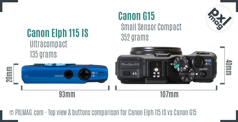 Canon Elph 115 IS vs Canon G15 top view buttons comparison Canon Elph 115 IS vs Canon G15 top view buttons comparison
