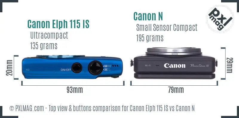 Canon Elph 115 IS vs Canon N top view buttons comparison Canon Elph 115 IS vs Canon N top view buttons comparison