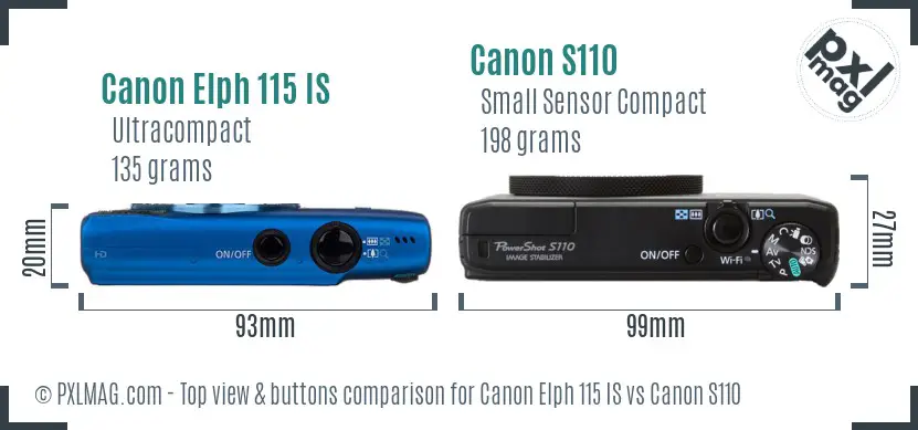 Canon Elph 115 IS vs Canon S110 top view buttons comparison Canon Elph 115 IS vs Canon S110 top view buttons comparison