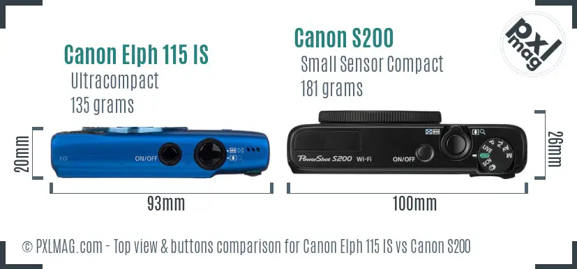 Canon Elph 115 IS vs Canon S200 top view buttons comparison Canon Elph 115 IS vs Canon S200 top view buttons comparison