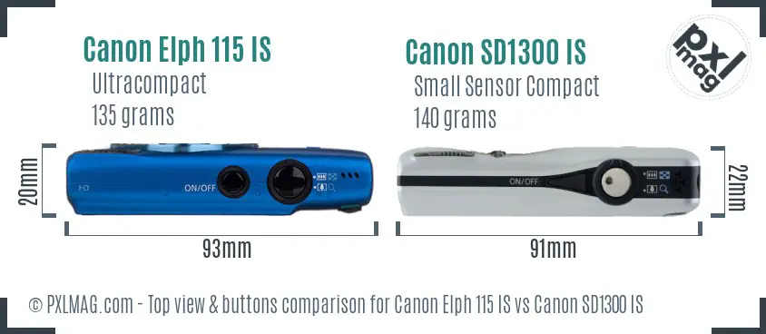 Canon Elph 115 IS vs Canon SD1300 IS top view buttons comparison