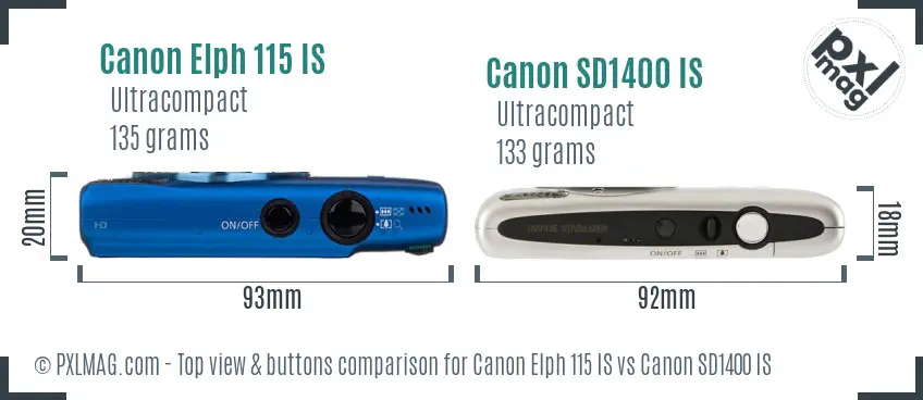 Canon Elph 115 IS vs Canon SD1400 IS top view buttons comparison