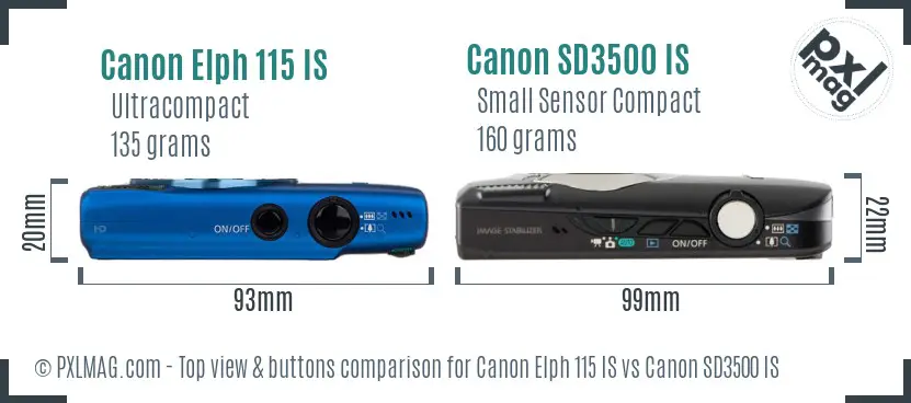 Canon Elph 115 IS vs Canon SD3500 IS top view buttons comparison