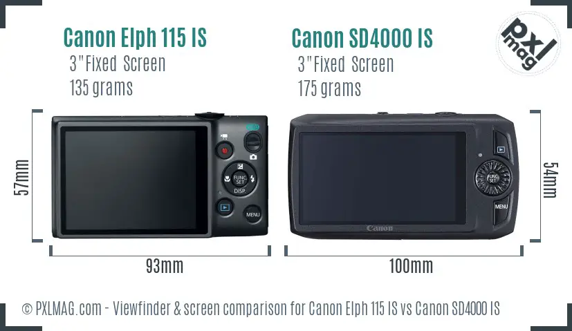 Canon Elph 115 IS vs Canon SD4000 IS Screen and Viewfinder comparison