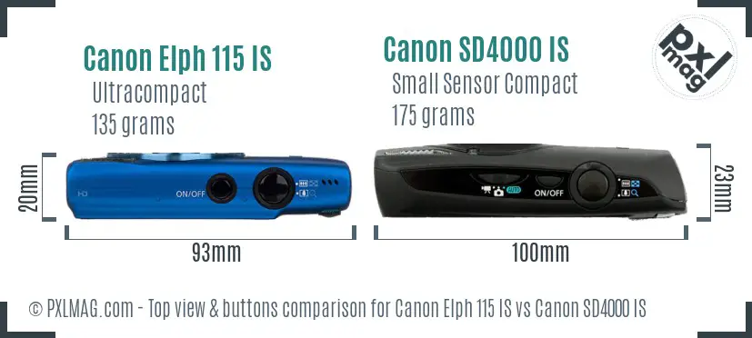 Canon Elph 115 IS vs Canon SD4000 IS top view buttons comparison