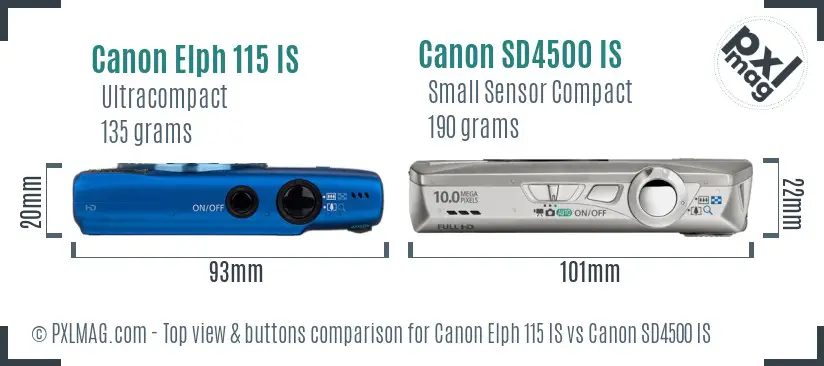 Canon Elph 115 IS vs Canon SD4500 IS top view buttons comparison Canon Elph 115 IS vs Canon SD4500 IS top view buttons comparison