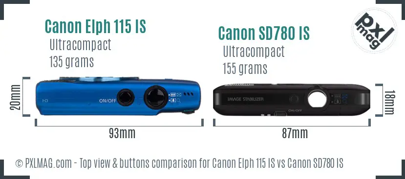 Canon Elph 115 IS vs Canon SD780 IS top view buttons comparison Canon Elph 115 IS vs Canon SD780 IS top view buttons comparison