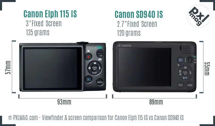Canon Elph 115 IS vs Canon SD940 IS Screen and Viewfinder comparison