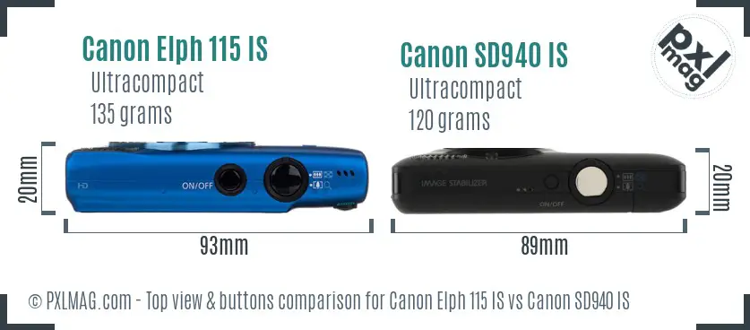 Canon Elph 115 IS vs Canon SD940 IS top view buttons comparison