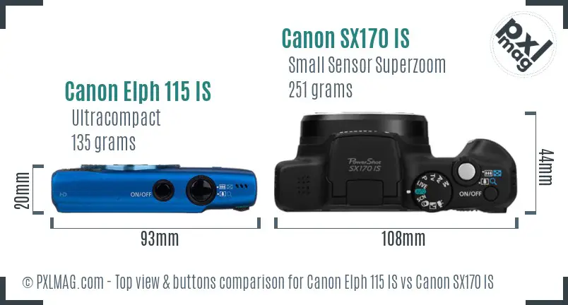 Canon Elph 115 IS vs Canon SX170 IS top view buttons comparison Canon Elph 115 IS vs Canon SX170 IS top view buttons comparison