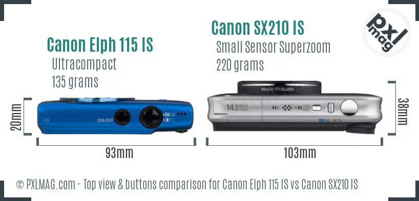 Canon Elph 115 IS vs Canon SX210 IS top view buttons comparison Canon Elph 115 IS vs Canon SX210 IS top view buttons comparison
