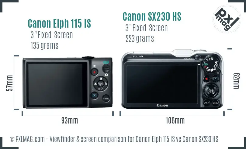 Canon Elph 115 IS vs Canon SX230 HS Screen and Viewfinder comparison