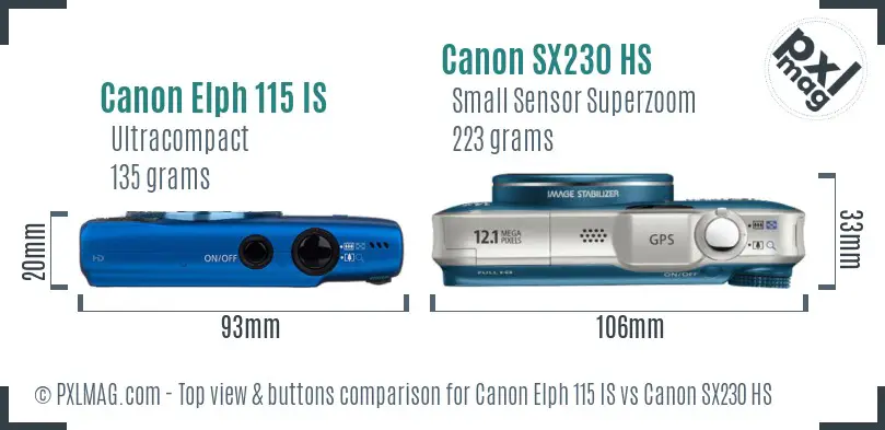 Canon Elph 115 IS vs Canon SX230 HS top view buttons comparison