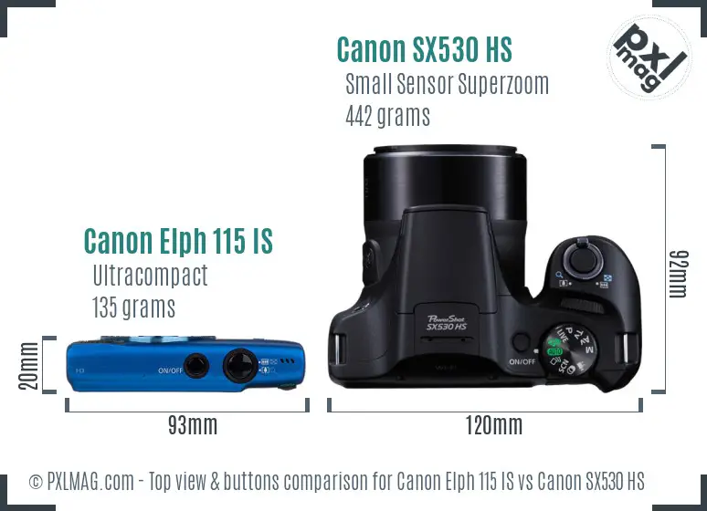 Canon Elph 115 IS vs Canon SX530 HS top view buttons comparison Canon Elph 115 IS vs Canon SX530 HS top view buttons comparison