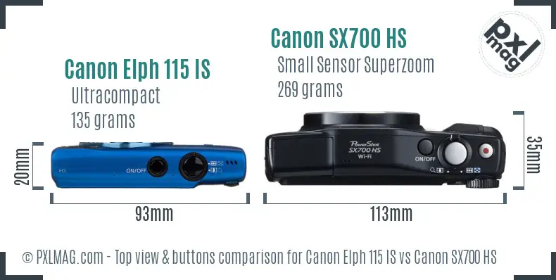 Canon Elph 115 IS vs Canon SX700 HS top view buttons comparison Canon Elph 115 IS vs Canon SX700 HS top view buttons comparison