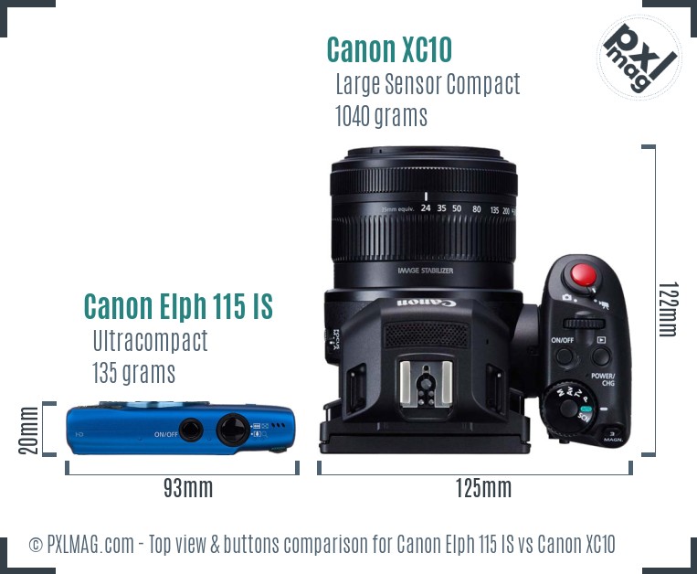 Canon Elph 115 IS vs Canon XC10 top view buttons comparison